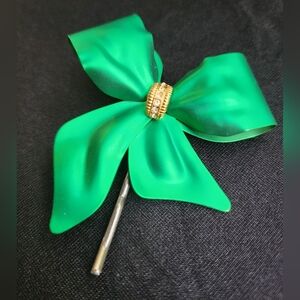 Metallic Green Bow w/ Rhinestones Hairpin Handmade from Vintage Brooch- no box